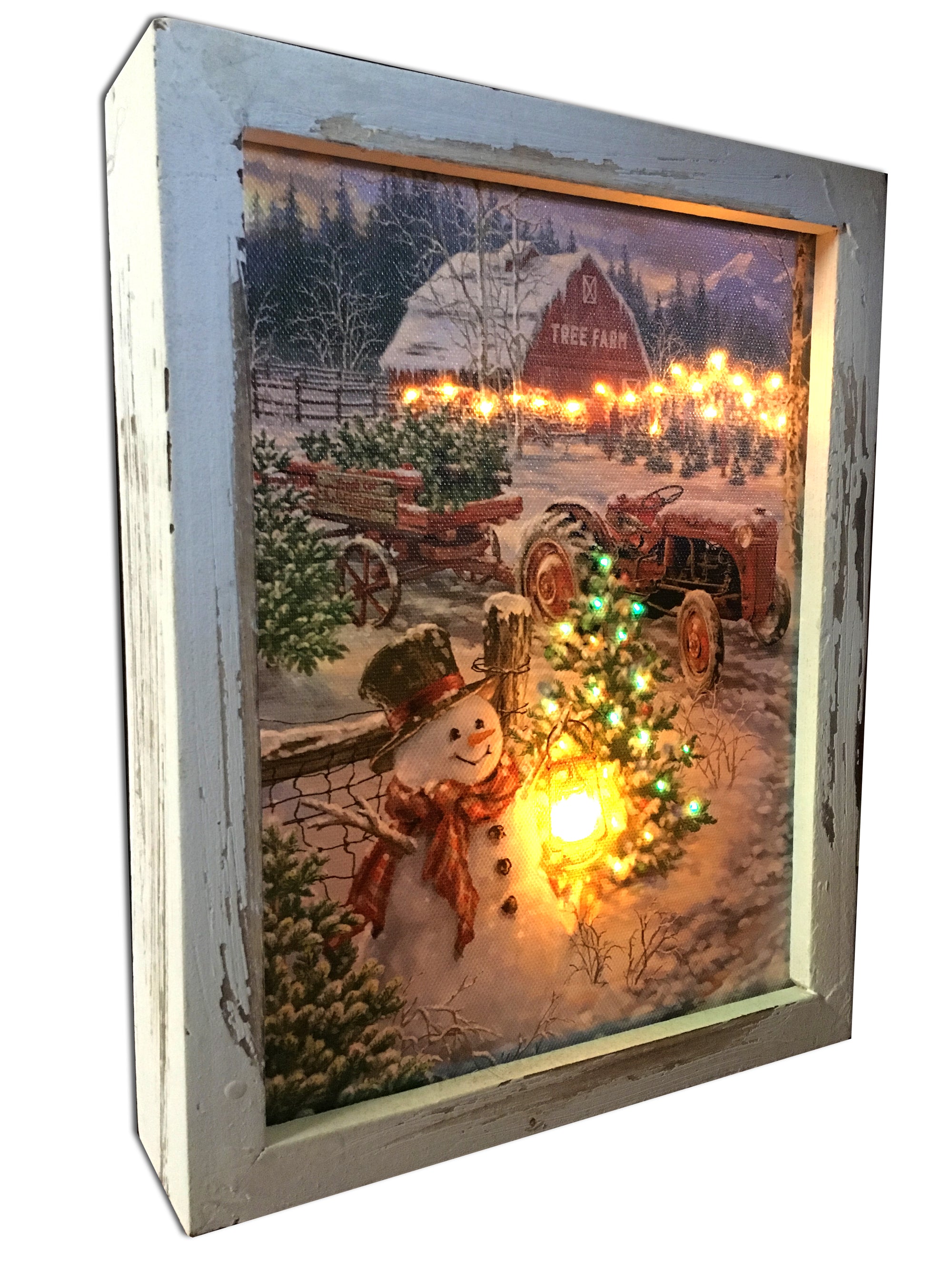This charming piece features a happy snowman standing proudly amidst a beautiful winter wonderland. Dressed in a top hat, scarf, and carrying a lantern, he's ready to spread joy and cheer.  Behind him, a breathtaking scene unfolds - a picturesque Christmas tree farm filled with rows of stunning evergreens. The closest tree is adorned with bright, twinkling lights, adding a warm and cozy glow to the scene. And in the distance, a barn and tractor can be seen.