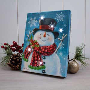 Joyful Jolly Snowman 8x6 Lighted Tabletop Canvas