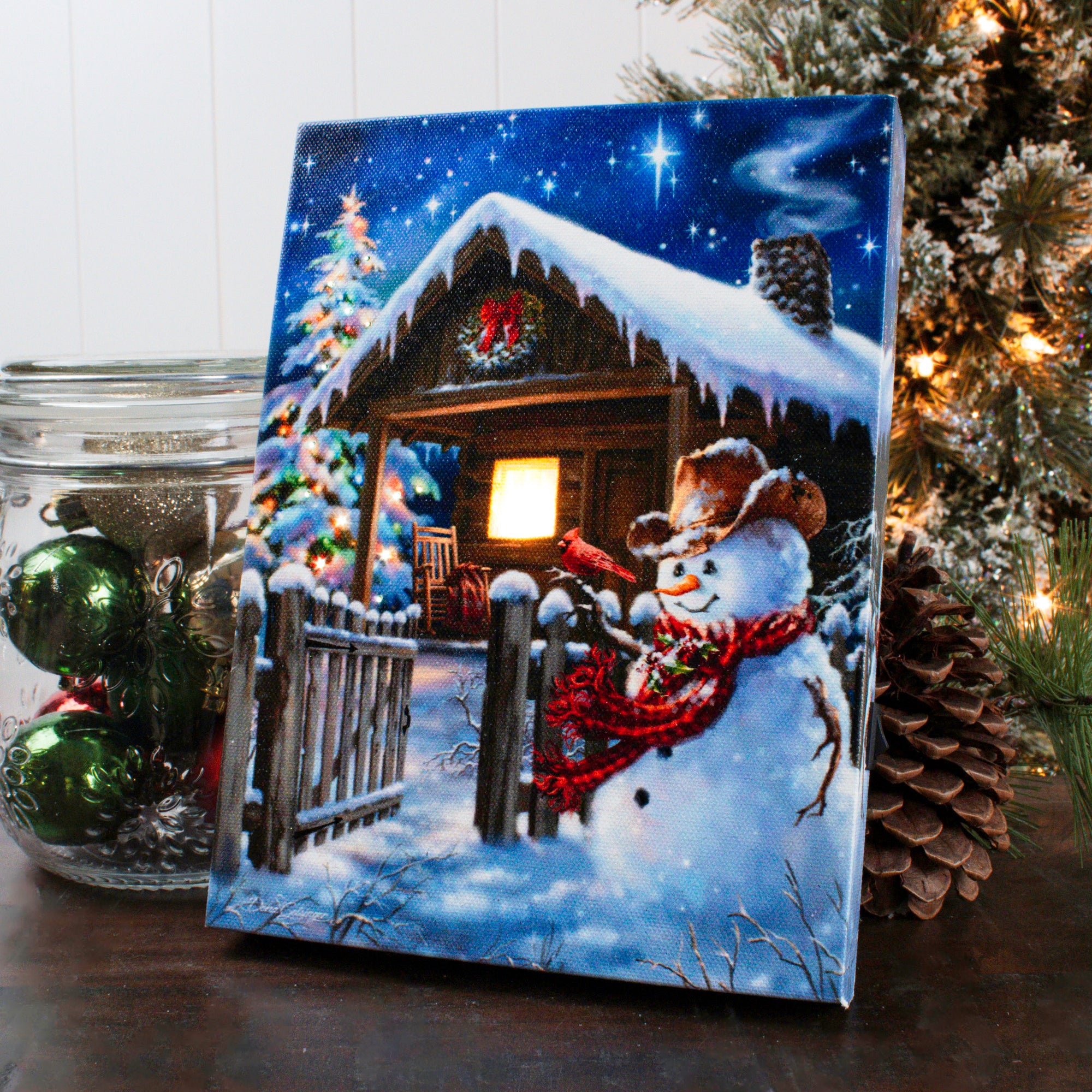 Christmas Cabin 8x6 Lighted Tabletop Canvas