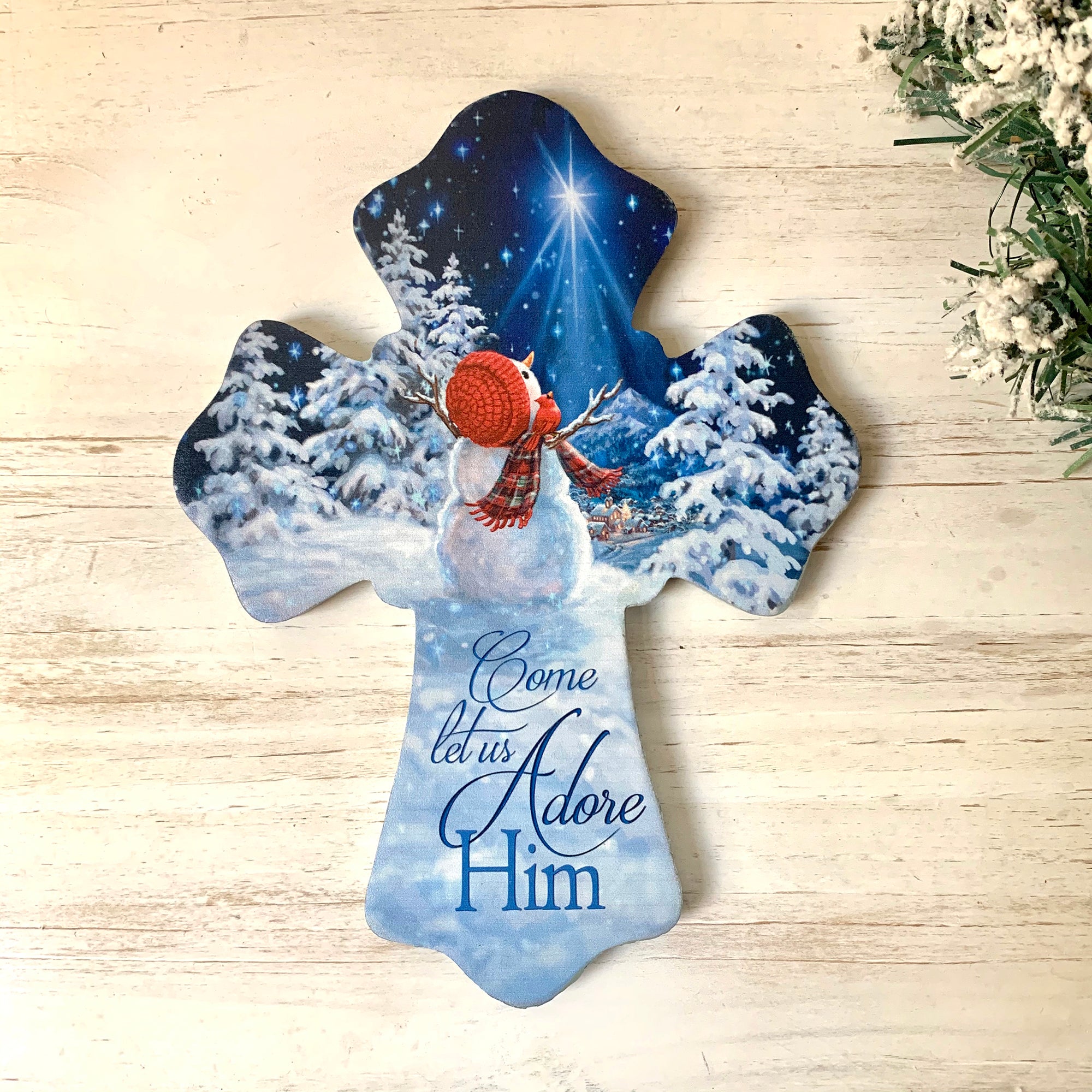 Let Us Adore Him Snowman Wooden Cross