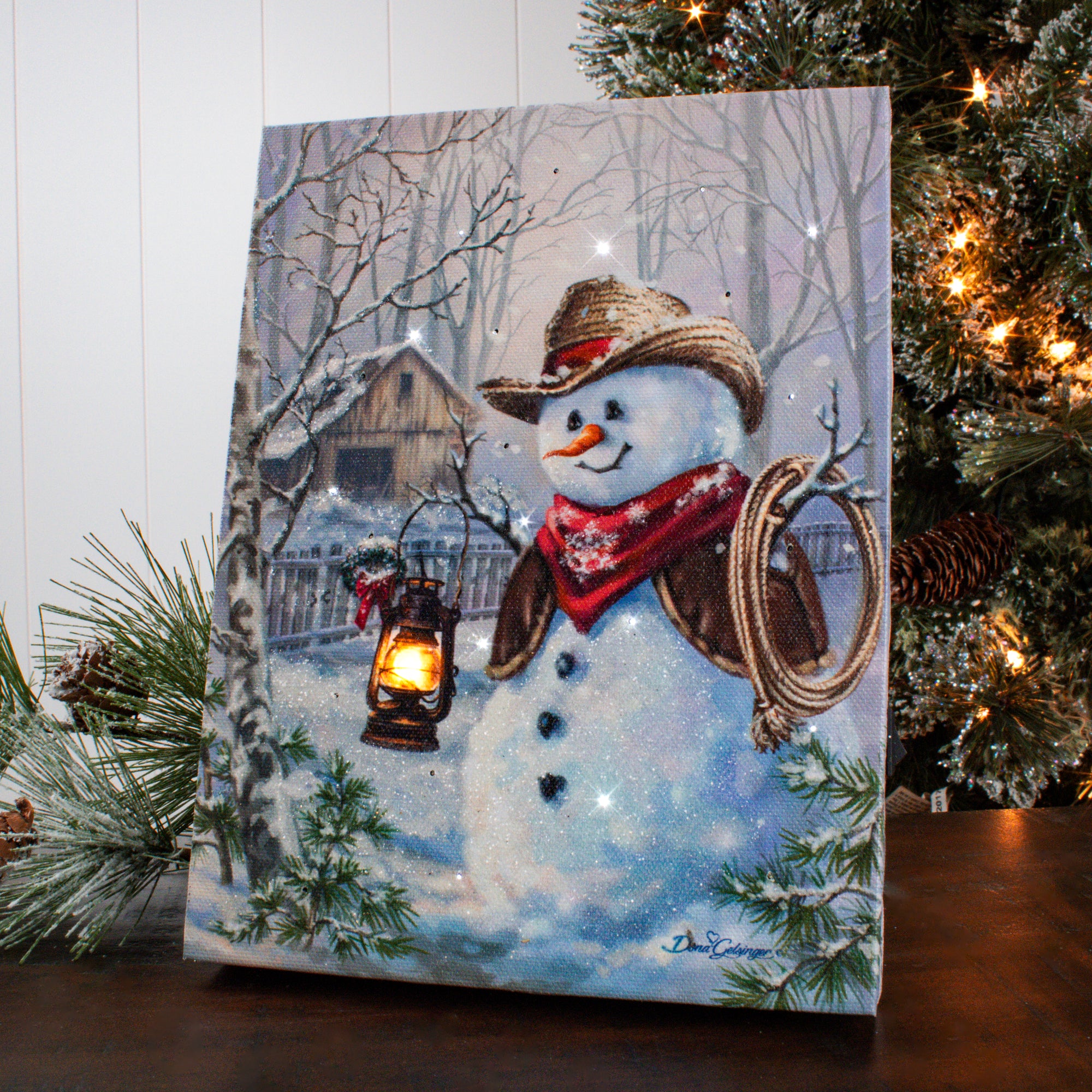 Cowboy Snowman 8x6 Lighted Tabletop Canvas