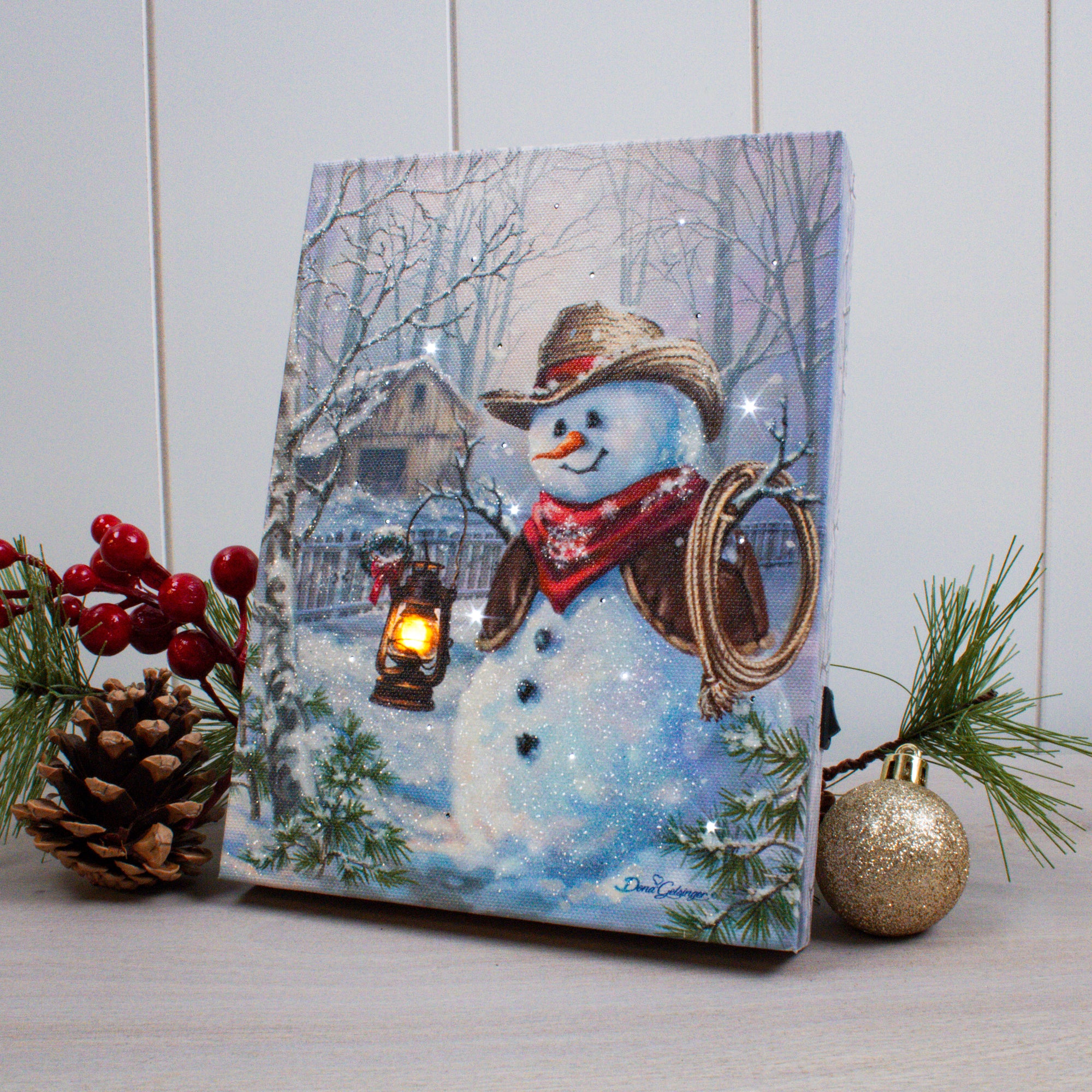Cowboy Snowman 8x6 Lighted Tabletop Canvas