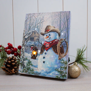 Cowboy Snowman 8x6 Lighted Tabletop Canvas
