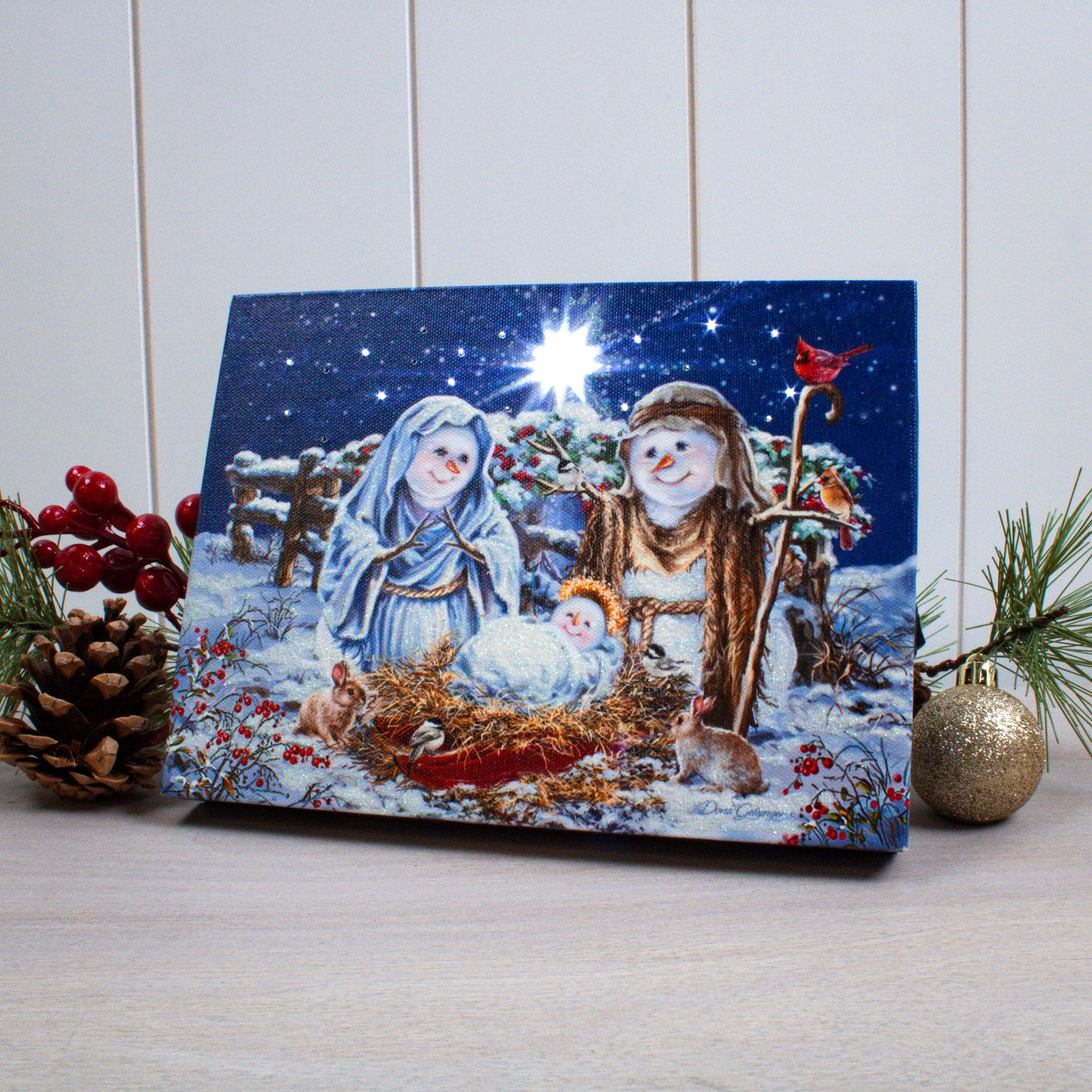 Snow Family Nativity 8x6 Lighted Tabletop Canvas