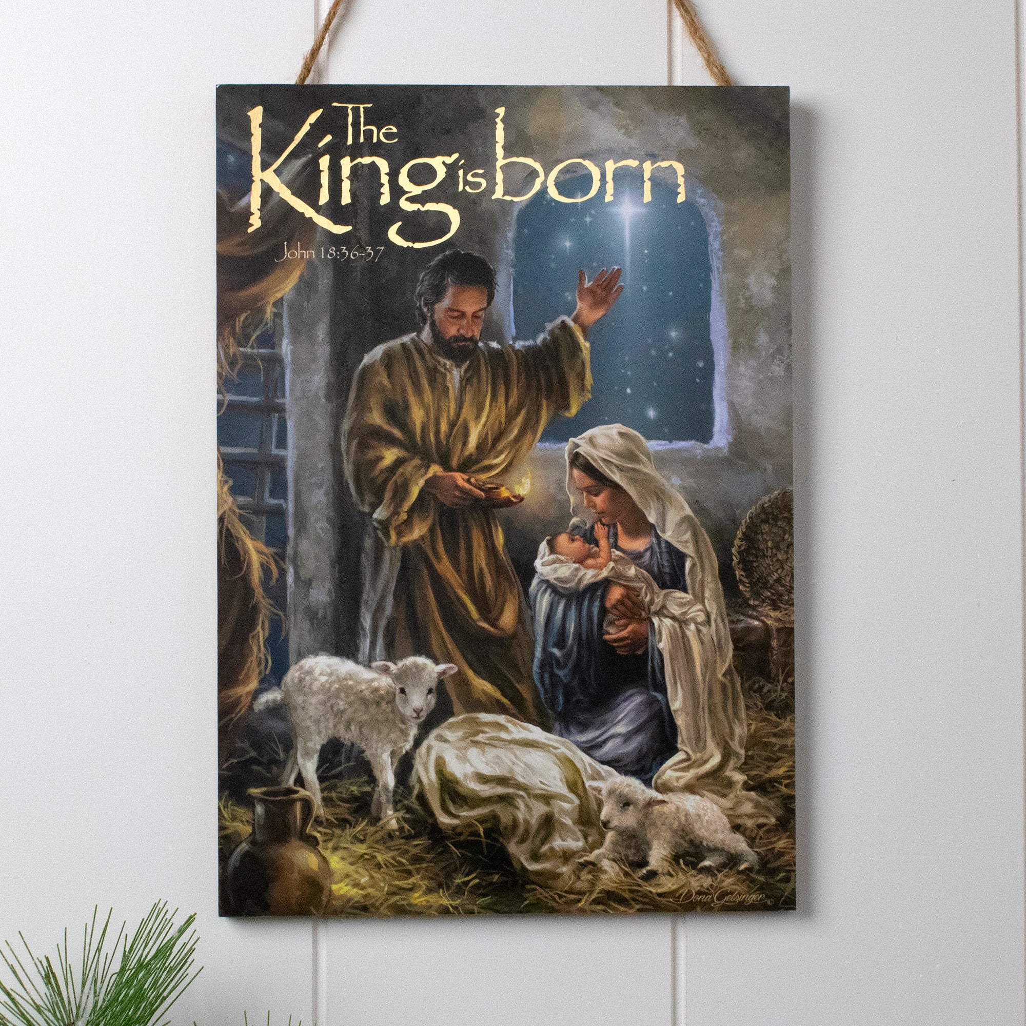 The King is Born Wooden Sign with Rope Hanger