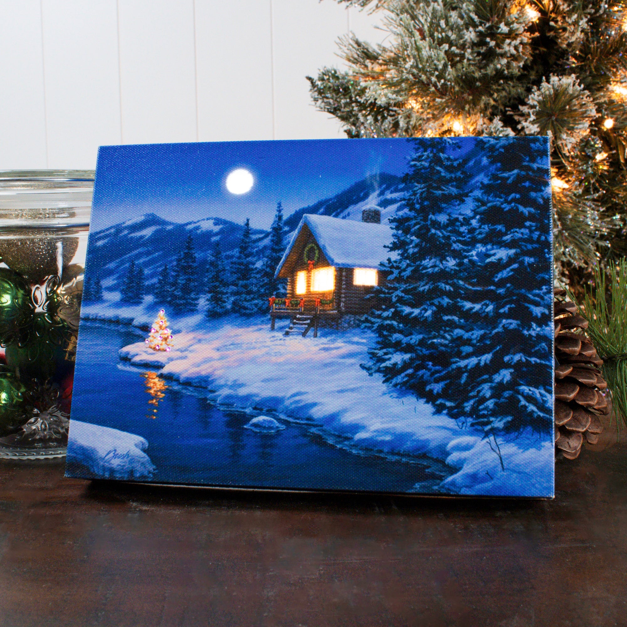 Christmas Cabin 8x6 Lighted Tabletop Canvas