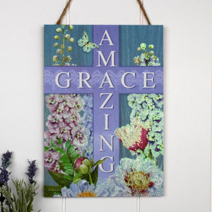 Amazing Grace Wooden Sign with Rope Hanger