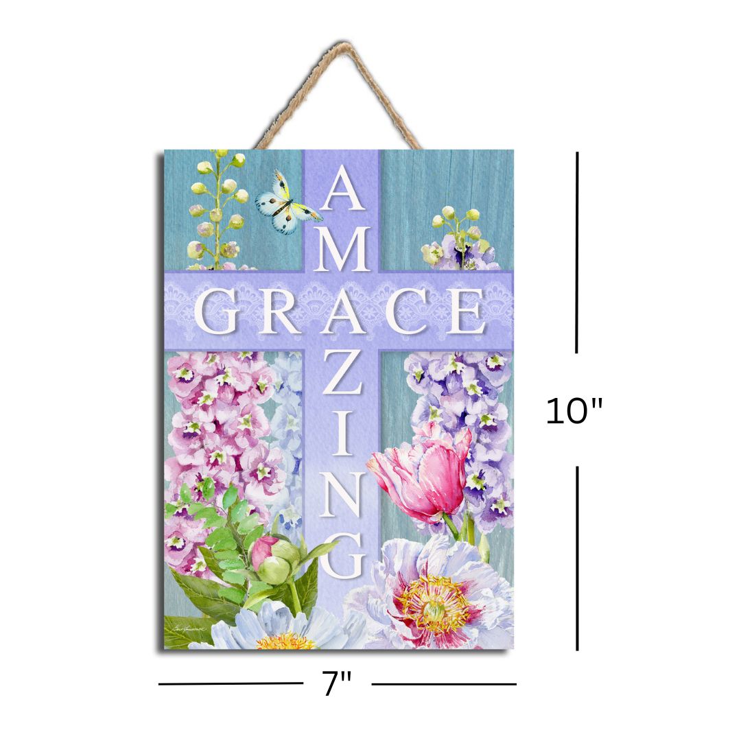 Amazing Grace Wooden Sign with Rope Hanger