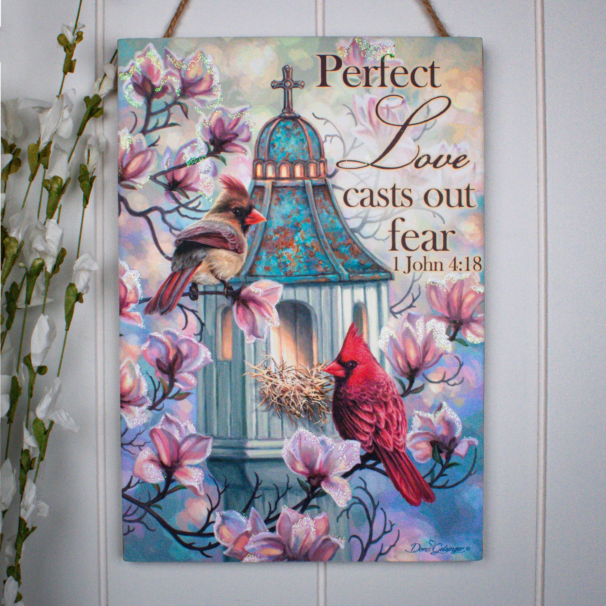 Perfect Love Cardinals Wooden Sign with Rope Hanger