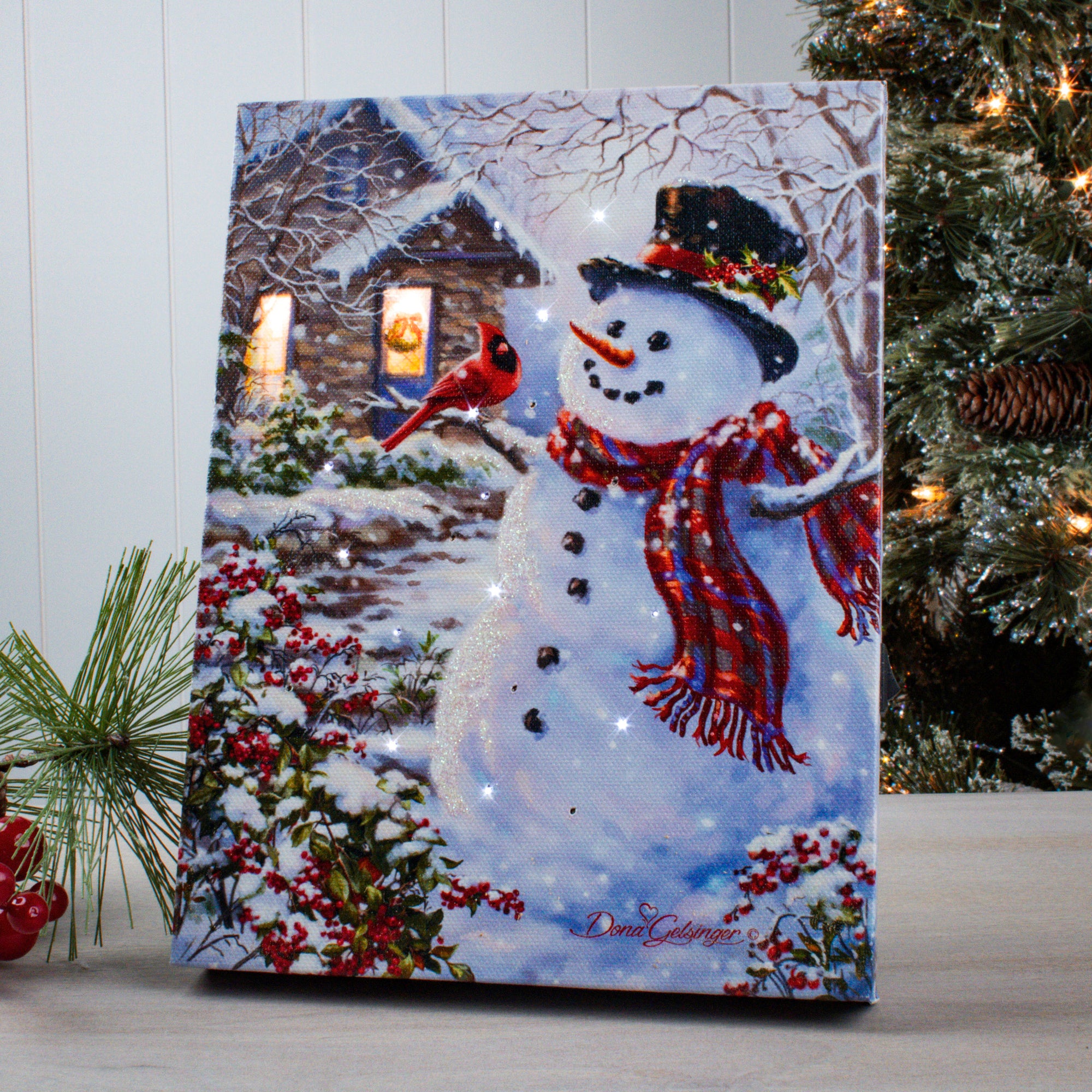 Snowman and Feathered Friend 8x6 Lighted Tabletop Canvas