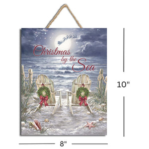 Christmas by the Sea Wooden Sign with Rope Hanger