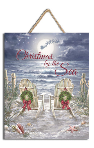 Christmas by the Sea Wooden Sign with Rope Hanger