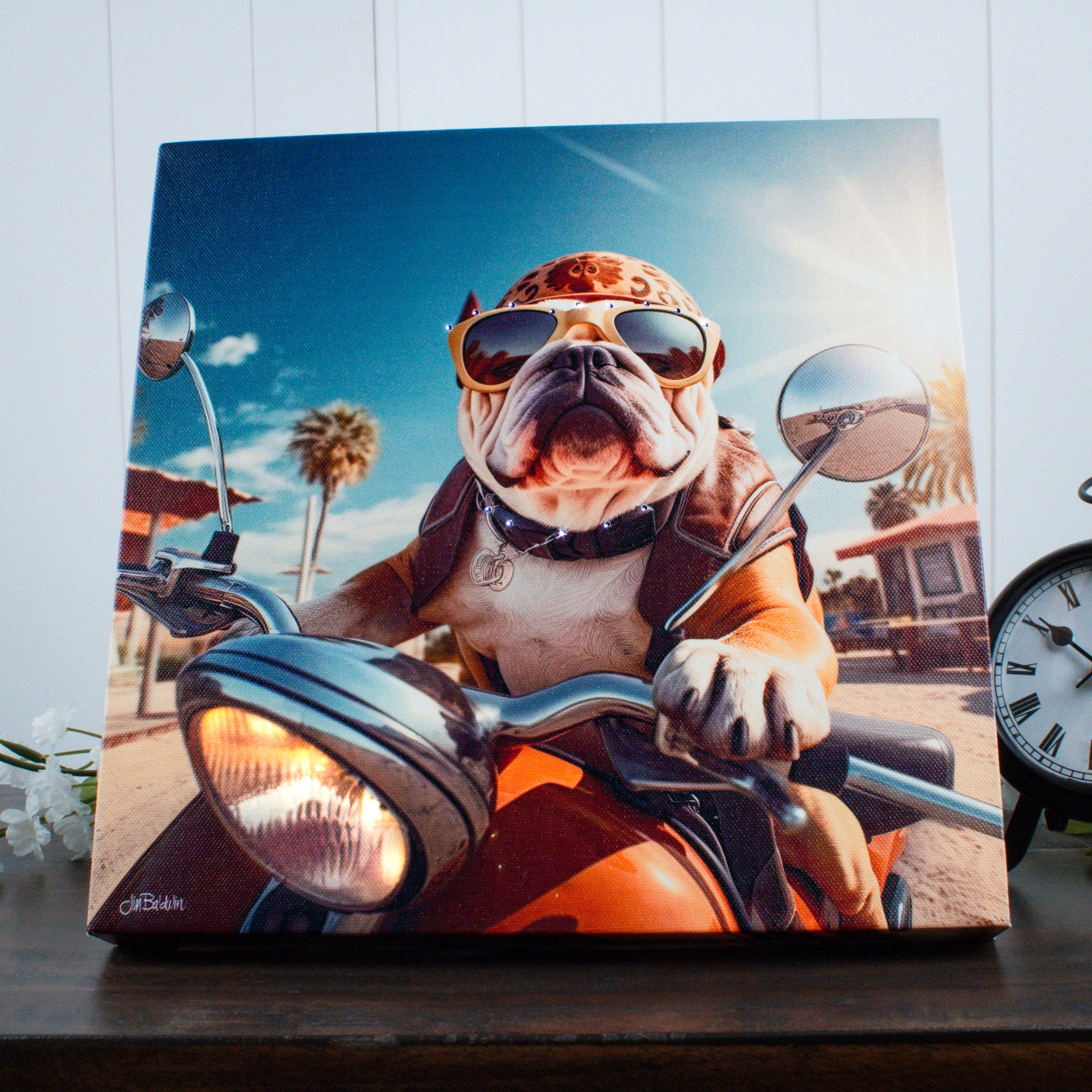 Bulldog Motorcycle 10x10 Lighted Fiber Optic Canvas