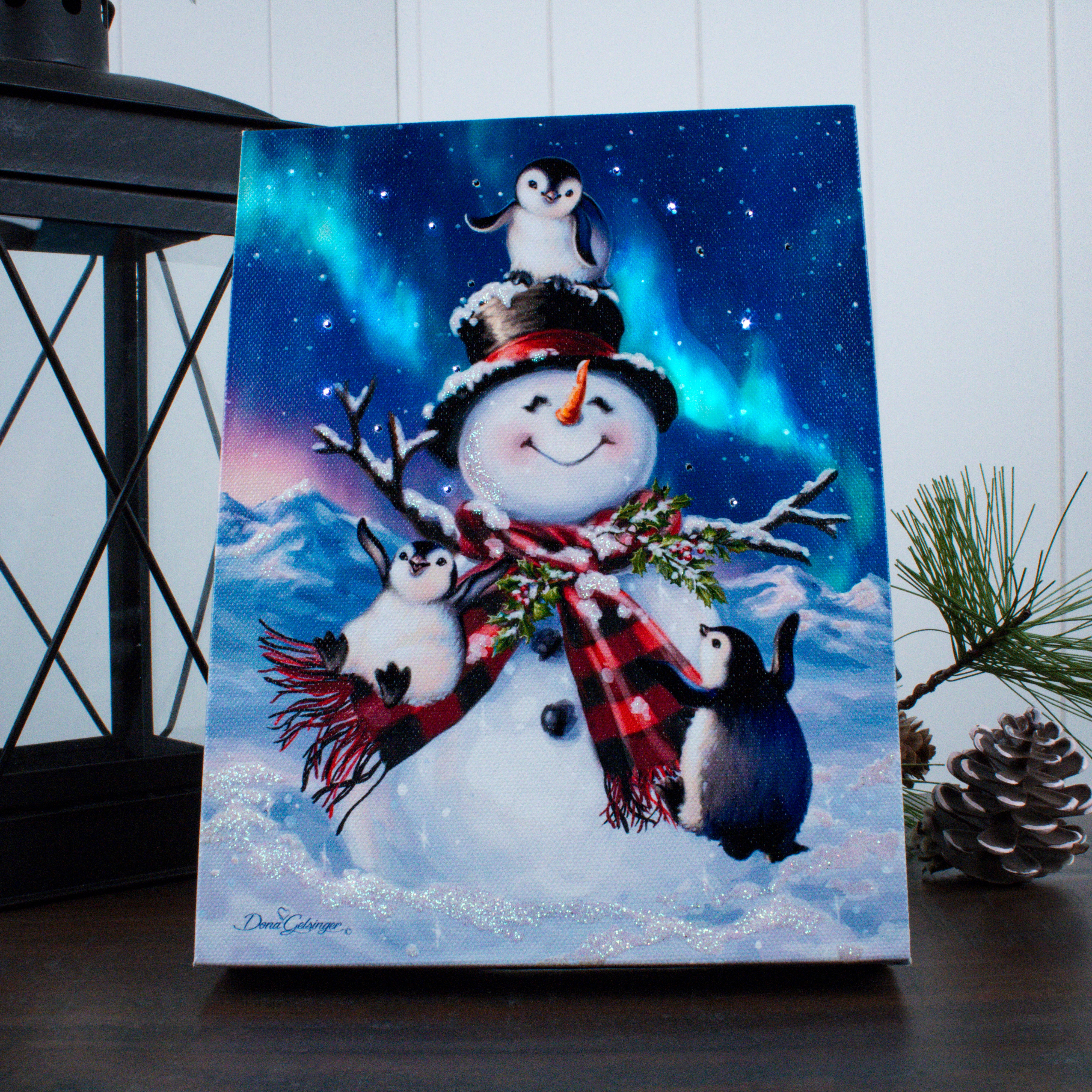 Penguin Snow Day 8x6 Lighted Tabletop Canvas | Glow Decor