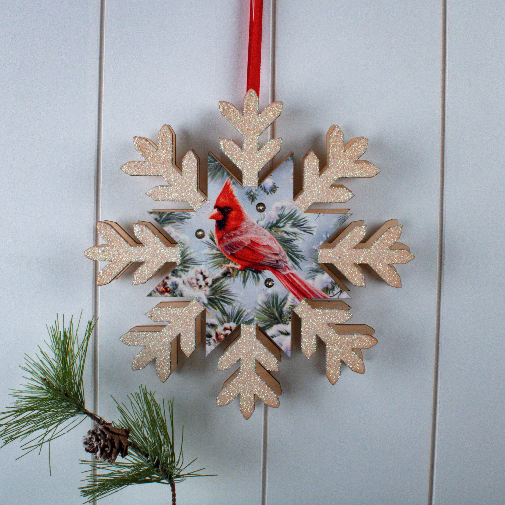 Snowy Pine Cardinal LED Wood Snowflake