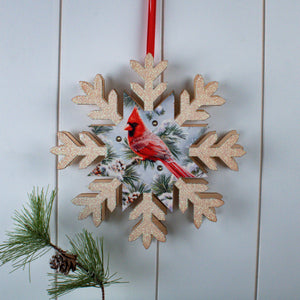 Snowy Pine Cardinal LED Wood Snowflake