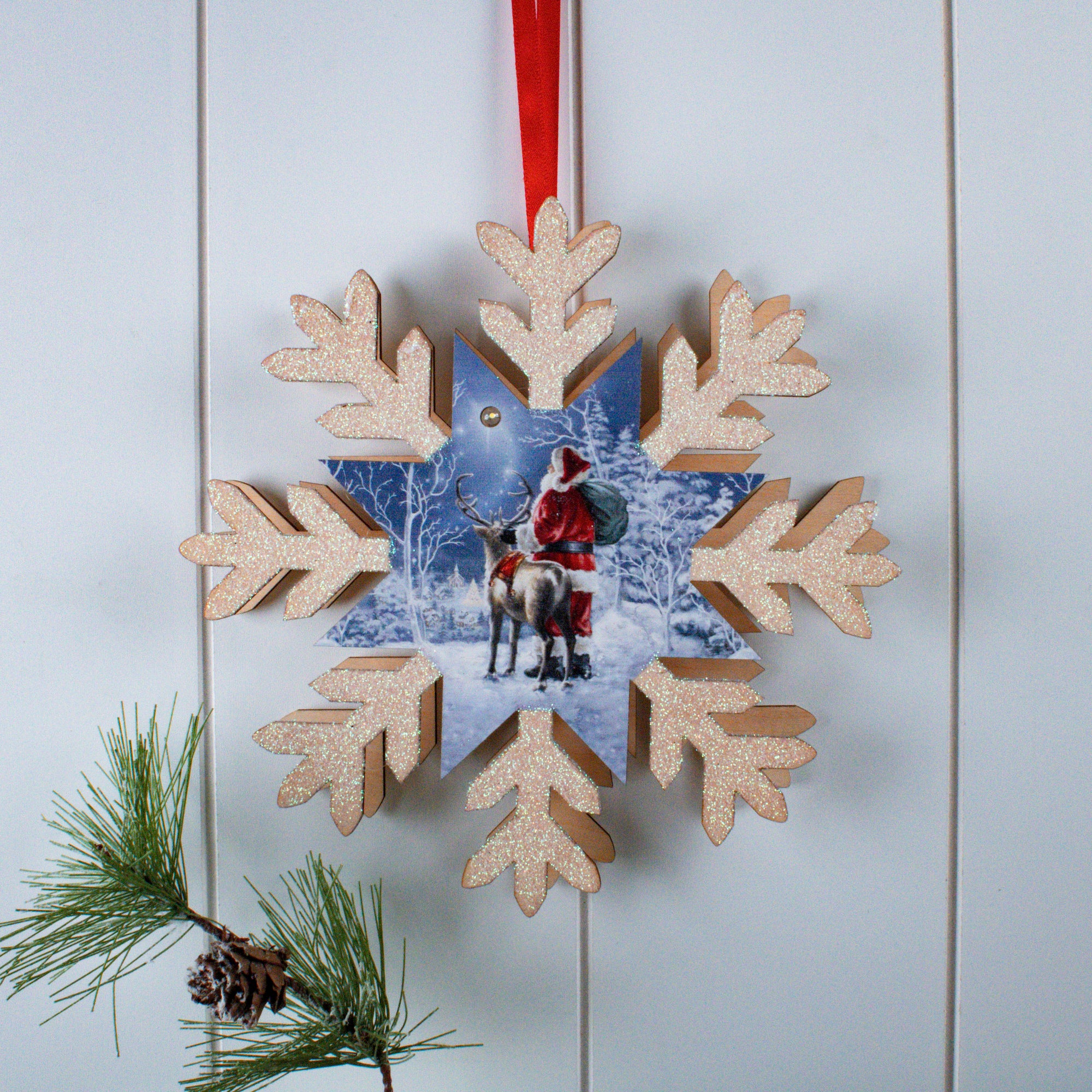 Starry Night Santa LED Wood Snowflake