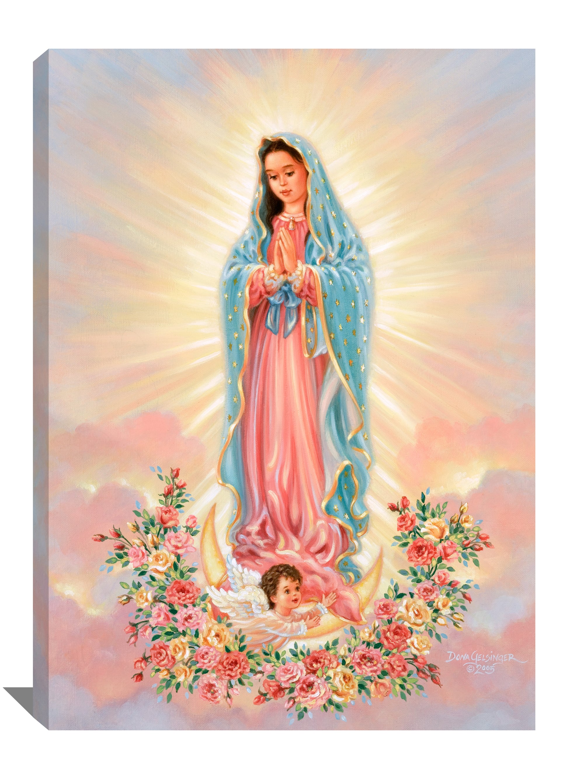  With hands folded in prayer, she stands serenely on a bed of clouds, her gentle presence illuminating the entire piece. Delicate flowers cascade below her, while a young angel gracefully flutters beneath her feet, adding to the ethereal aura of this masterpiece.