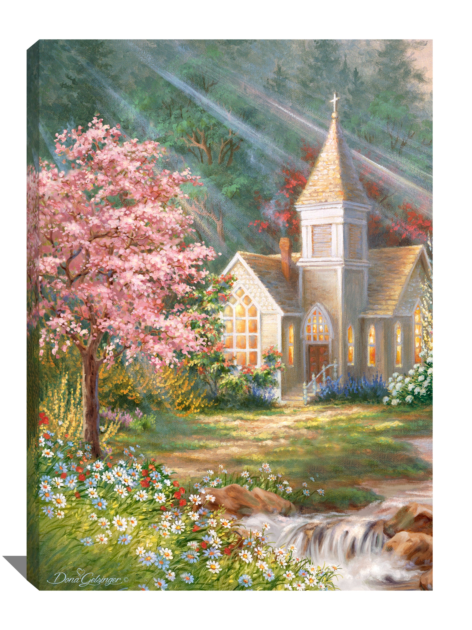 This breathtaking piece features a majestic chapel standing tall amidst a stunning spring scene. A beautiful tree adorned with pink cherry blossoms takes center stage, perfectly complementing the tranquil surroundings.