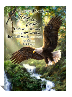 Watch as a majestic bald eagle soars through the sky with its wings spread wide and talons hanging sharply, ready to strike at any moment. The lush forest in the background provides the perfect backdrop for this breathtaking display of nature's beauty, while the warm rays of the sun streaming through the canopy add a touch of warmth to the scene.
