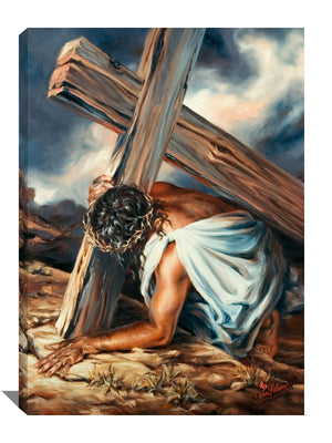 a breathtaking masterpiece that captures the heart-wrenching moment when Jesus bore the weight of the cross on his shoulders, with the piercing crown of thorns on his head.