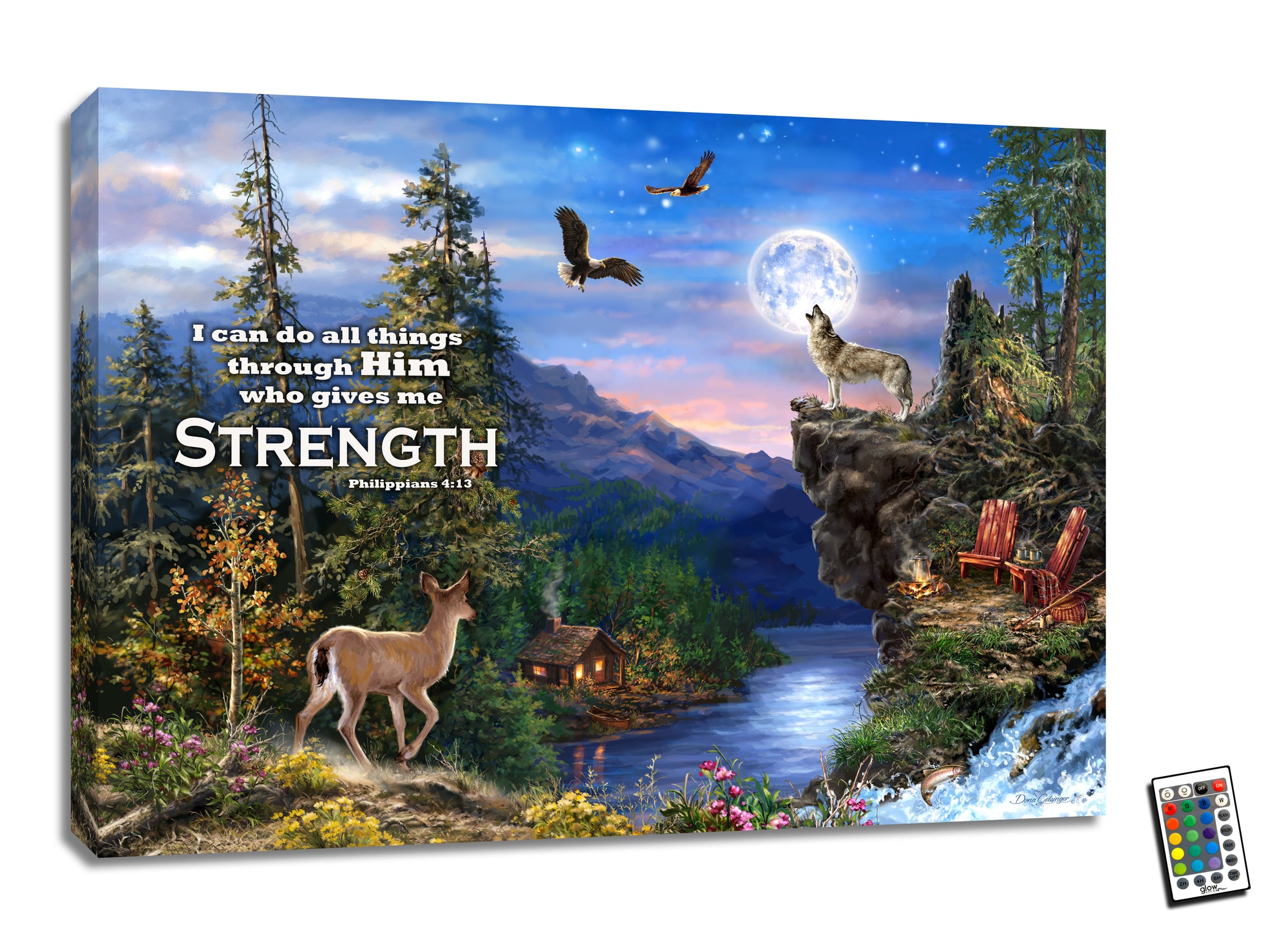 This stunning 18x24 piece is fully illuminated and features an assortment of majestic wildlife, including a wolf, deer, bald eagles, and fish. As the moon softly glows, these creatures come to life and create a mesmerizing scene that is sure to captivate your heart.