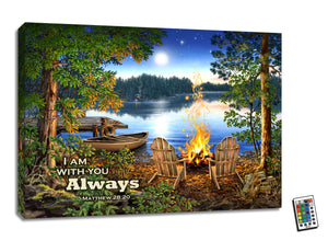 This stunning piece captures the essence of a peaceful night spent by the water, where the warmth of a roaring fire beckons you to sit back and relax in the comfort of two Adirondack chairs.  As you gaze out across the still waters, you'll be transported to a world of tranquility.