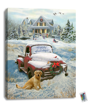This beautiful piece captures the essence of a winter wonderland with its nostalgic portrayal of a vintage red truck covered in snow, adorned with a festive wreath on the grill and the words "happy holidays" written on the snow-covered windshield.