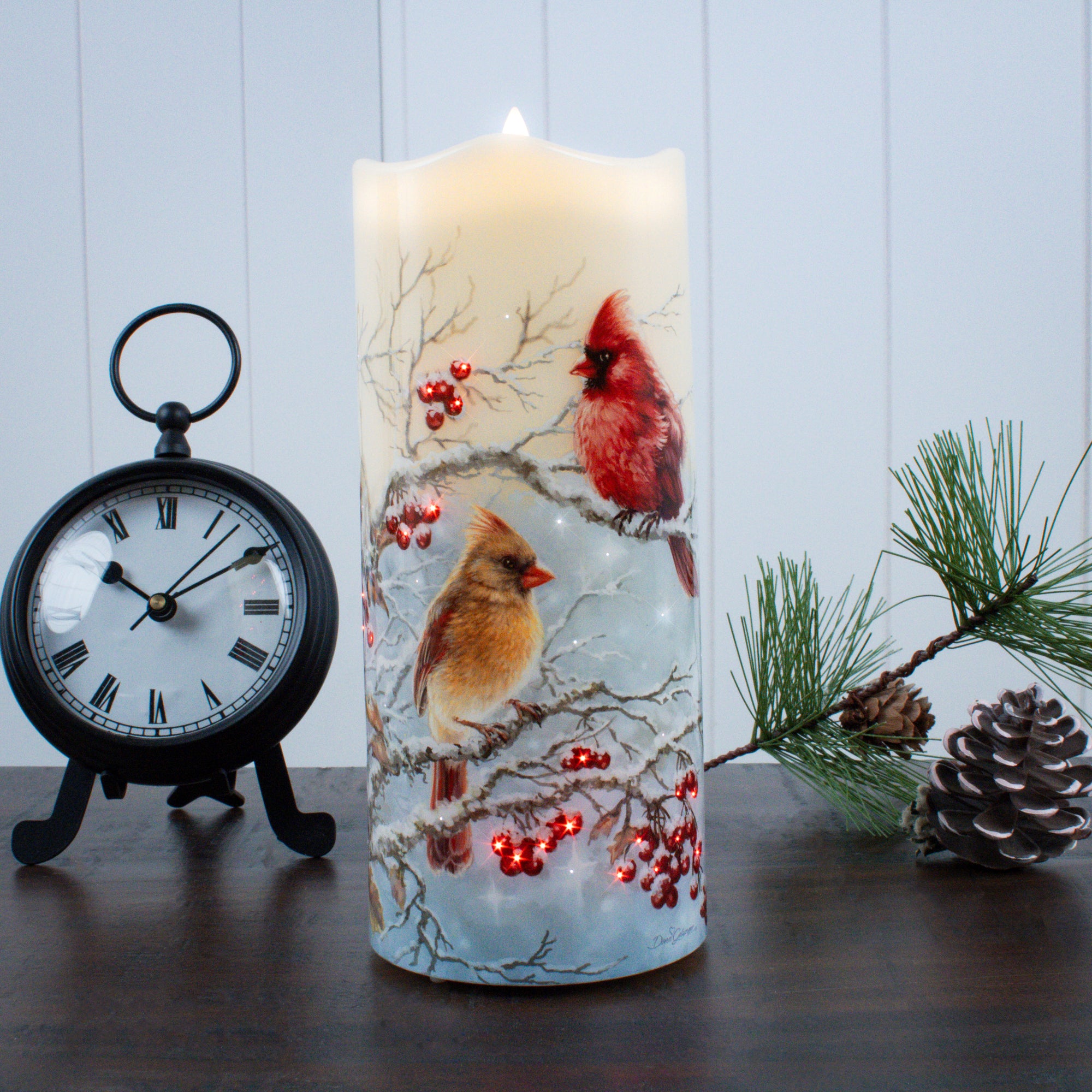 Winter Cardinals Fiber Optic Candle