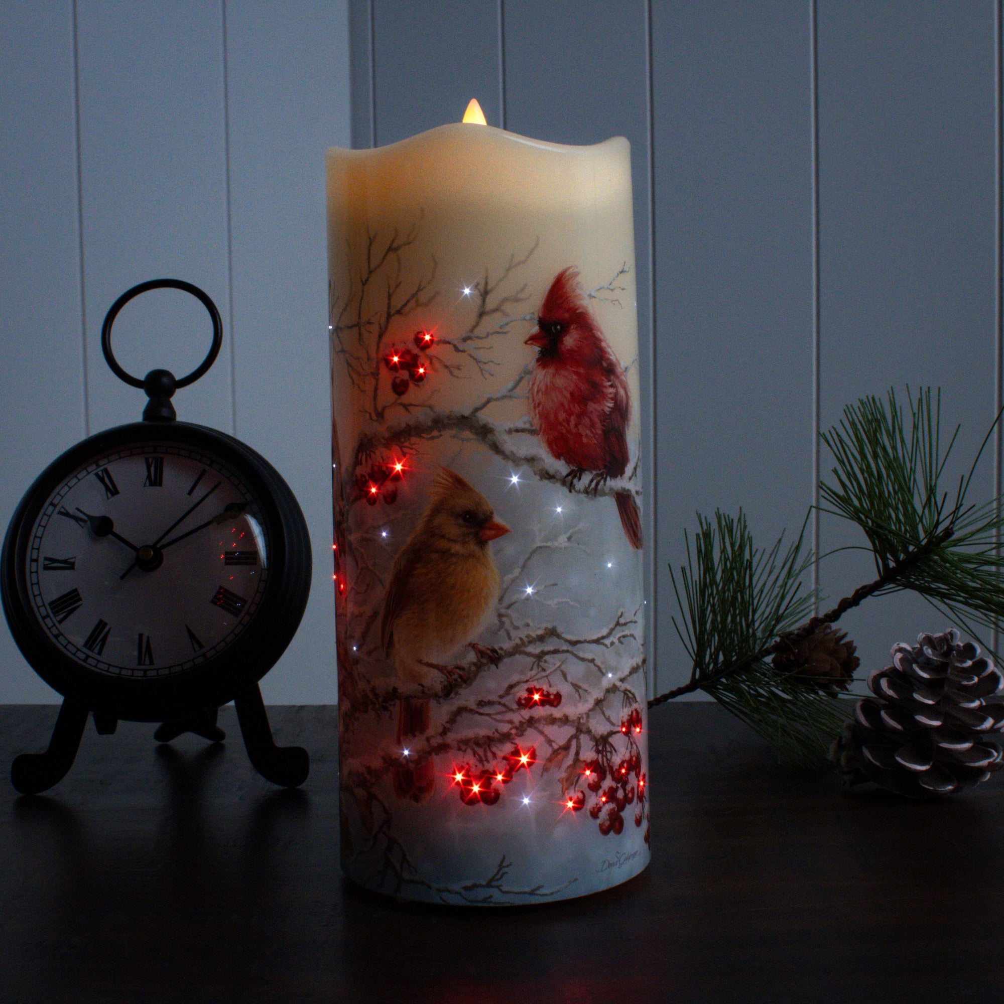 Winter Cardinals Fiber Optic Candle