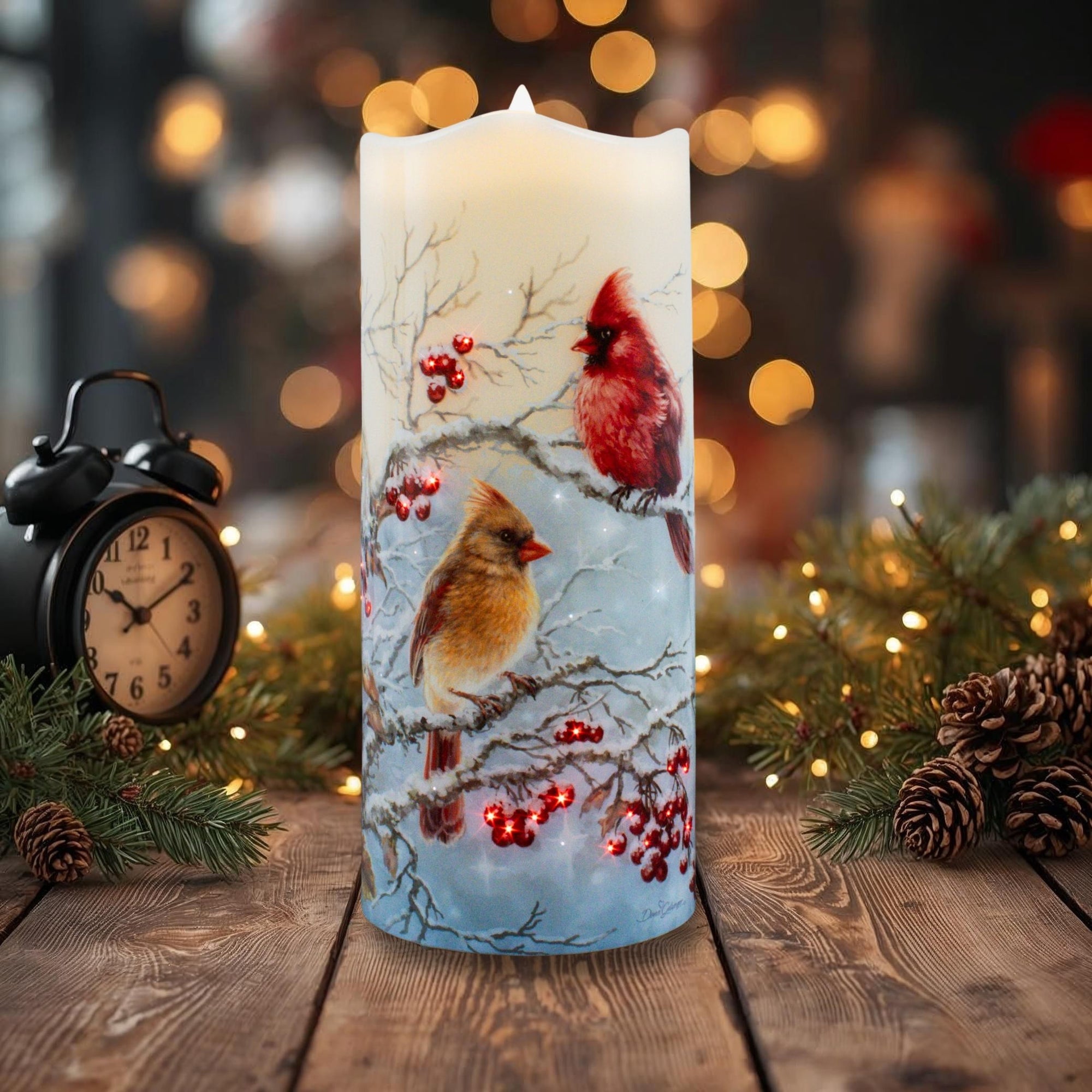 Winter Cardinals Fiber Optic Candle