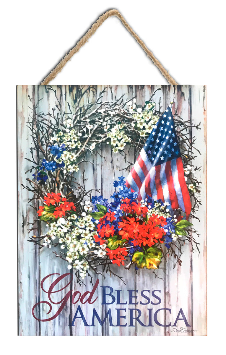 God Bless America Wooden Sign with Rope Hanger