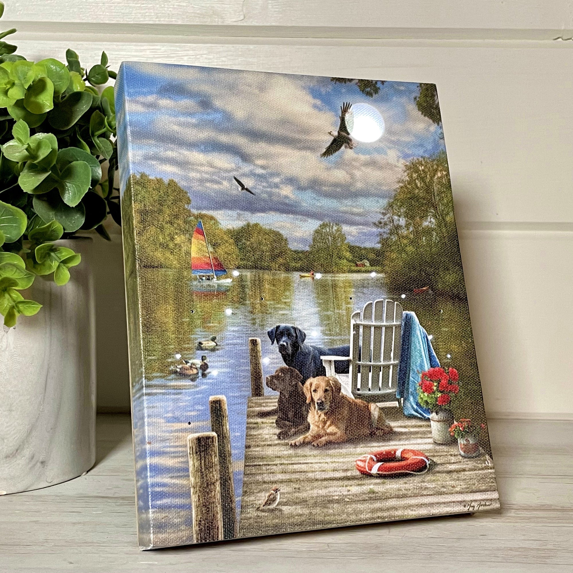 three adorable dogs sitting by your side as you take in the serene beauty of the lake.  As you relax in the comfortable chair on the dock, you'll be mesmerized by the peaceful view of ducks swimming in the crystal clear water and a majestic sailboat gliding by.