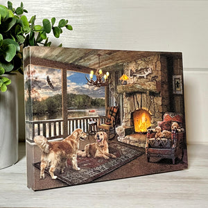  This heartwarming scene captures two adorable golden retrievers lounging on a soft rug in front of a roaring fire, with a proud fish mounted above the mantle as a testament to their fishing skills.  As you take in the beauty of the rustic decor, you can't help but notice the precious puppies snuggled up in a chair nearby.