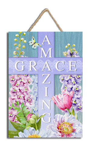 Amazing Grace Wooden Sign with Rope Hanger