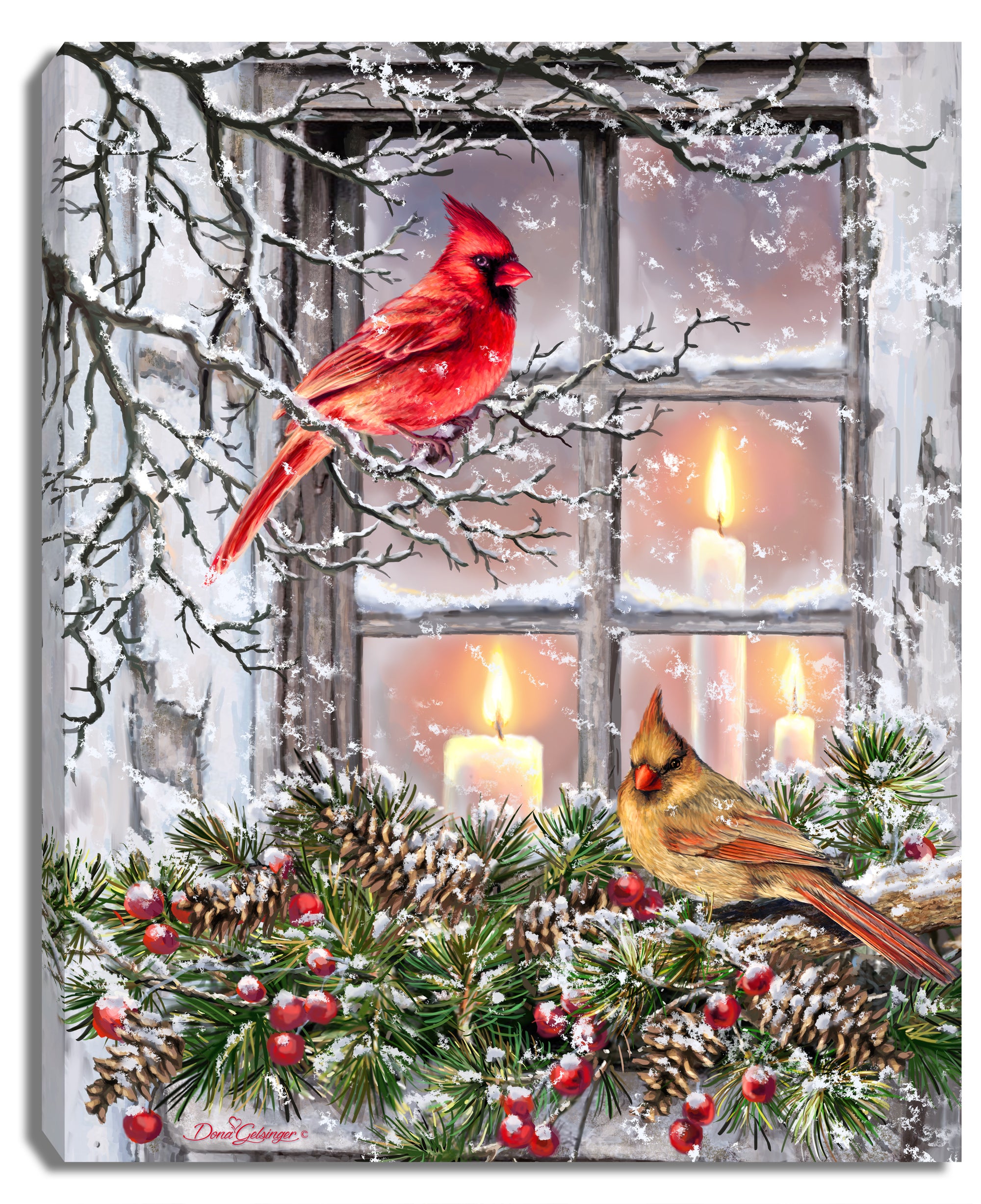 Adorned with a stunning winter scene, this canvas showcases two lovebirds - a pair of cardinals - perched peacefully amidst the garland and branches. Their vibrant red feathers pop against the serene snowy backdrop. The cozy window frame in the center of the canvas holds three flickering candles, casting a warm glow on the entire scene.