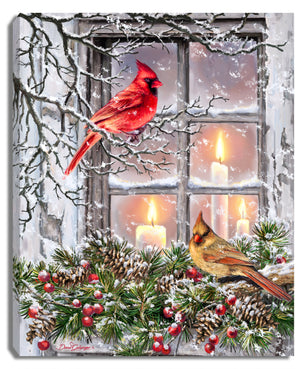 Adorned with a stunning winter scene, this canvas showcases two lovebirds - a pair of cardinals - perched peacefully amidst the garland and branches. Their vibrant red feathers pop against the serene snowy backdrop. The cozy window frame in the center of the canvas holds three flickering candles, casting a warm glow on the entire scene.
