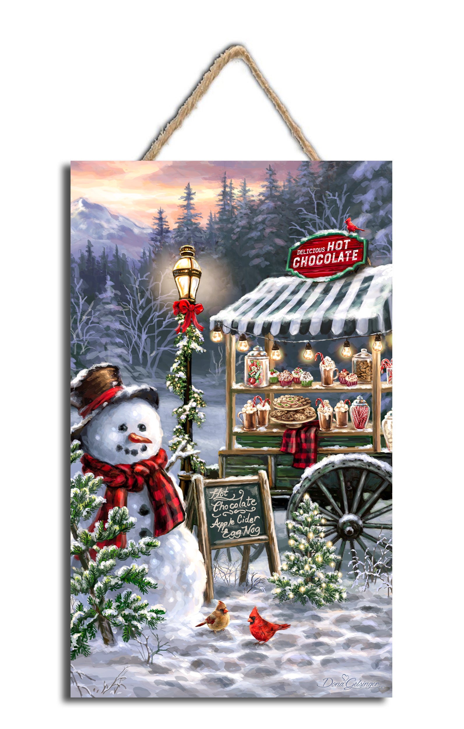 This delightful art piece features a jolly snowman surrounded by two playful cardinals, beckoning you to come and indulge in a sweet winter treat.  The sign points to a cozy hot chocolate stand, filled to the brim with rich, velvety hot chocolate, freshly baked cookies, scrumptious cupcakes, and candy canes