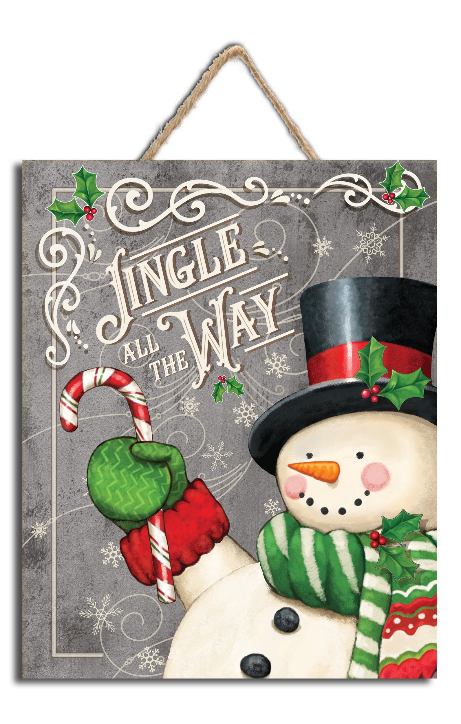 Look no further than our Jingle All the Way Wooden Sign with Rope Hanger! This delightful art piece features a cheerful snowman holding a giant candy cane, the sign reads "Jingle All the Way."