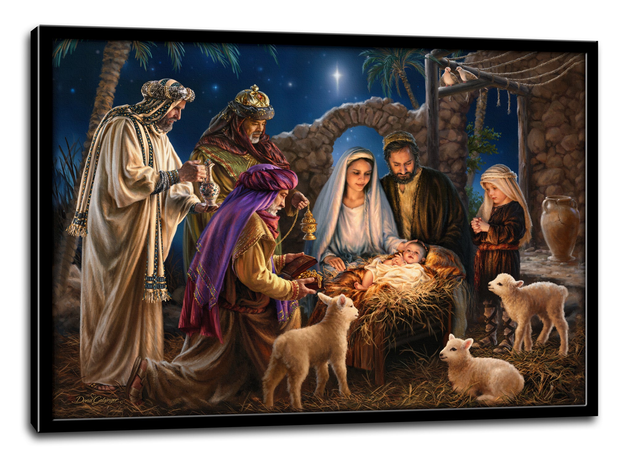 At the center of the frame, you'll see Baby Jesus lying peacefully in the hay, cradled by his adoring mother, Mary, and loving father, Joseph. The wise men, who traveled from afar to pay their respects, stand nearby with their precious gifts in hand. A young boy and two gentle lambs also share in this special moment