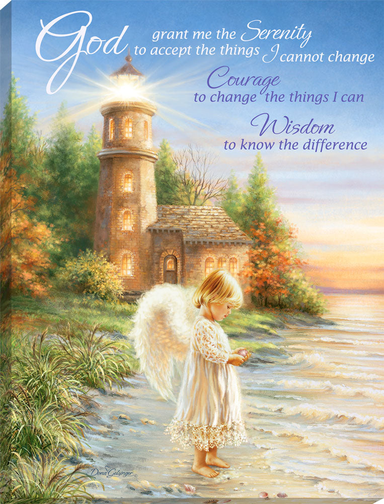A Little Serenity Canvas Wall Art, Featuring a small angel in front of a majestic lighthouse, this stunning artwork is the perfect reminder to find peace and serenity in life's journeys.