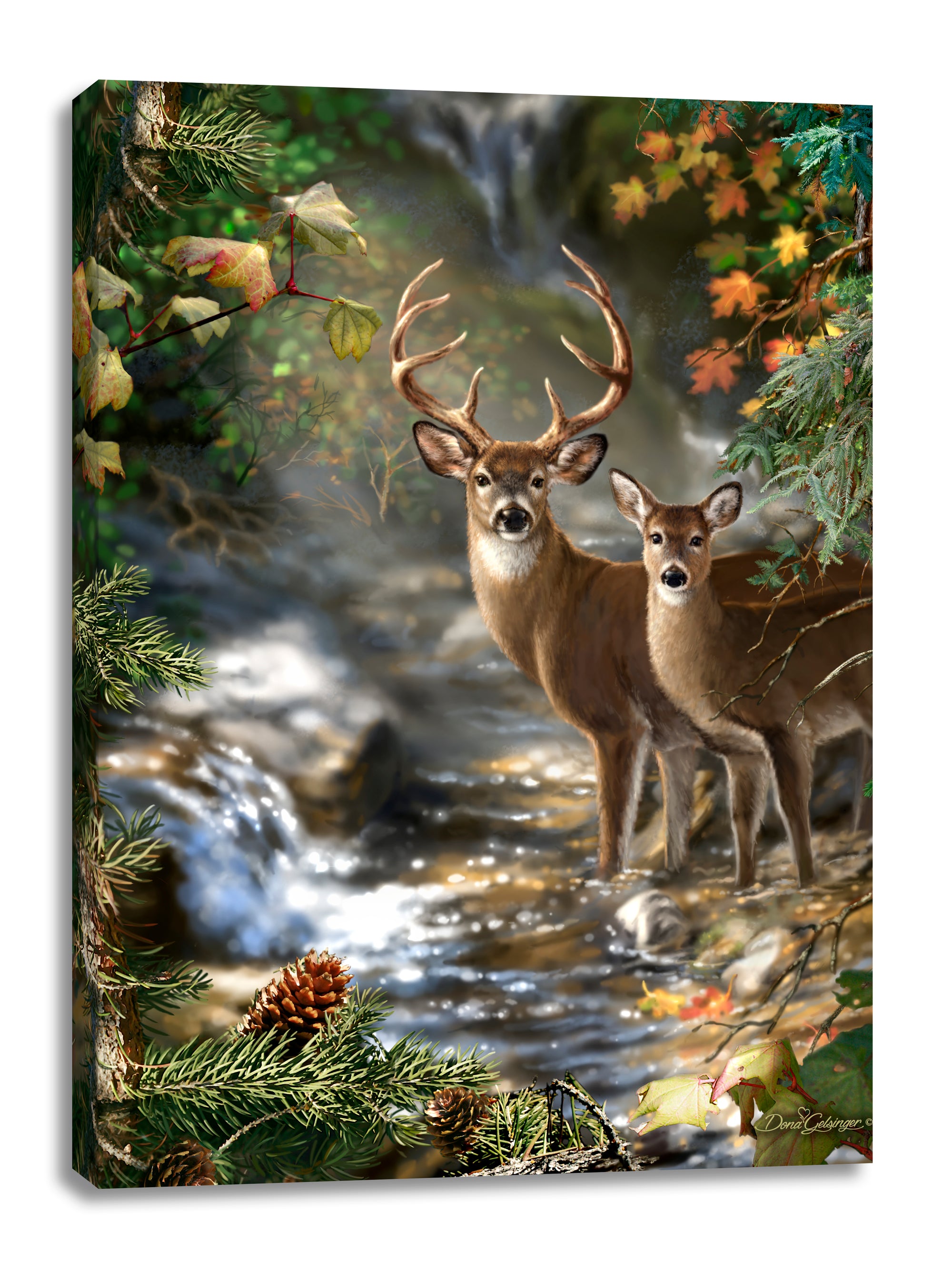 This stunning piece captures the essence of romance as a doe and buck stand side by side in a tranquil stream, surrounded by the lush beauty of a verdant forest.