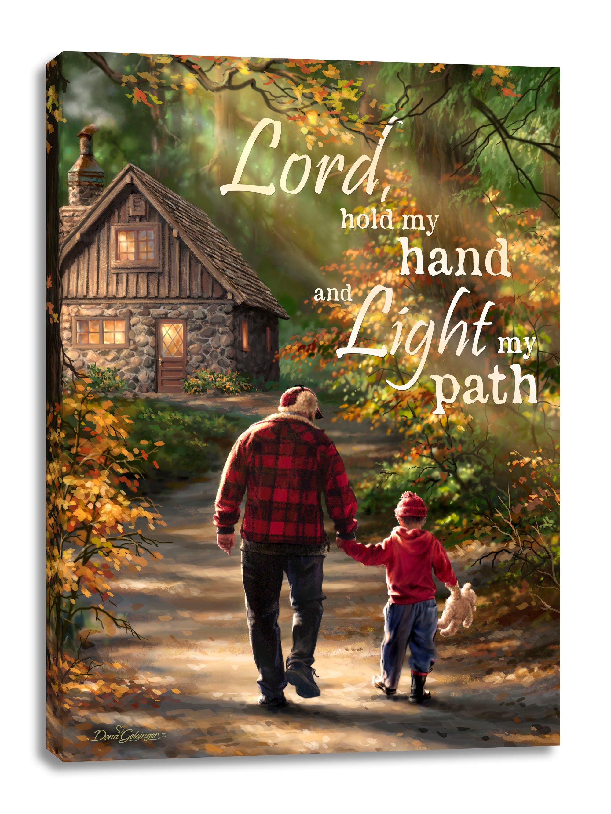 This exquisite piece captures the heartwarming scene of a father and his son walking hand in hand down a winding path, surrounded by the lush forest. The boy clutches onto his beloved teddy bear, a symbol of innocence and wonder.