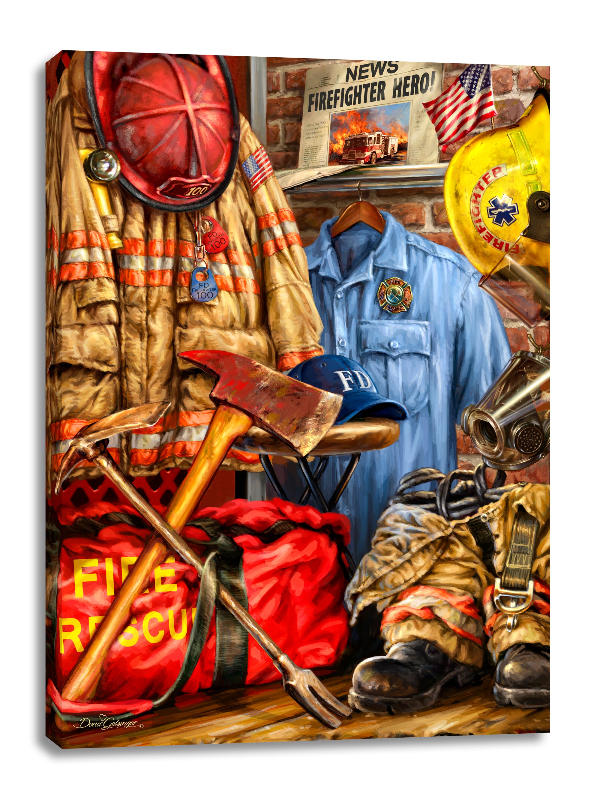 The scene depicts everything a firefighter would need for their work, from their protective gear to their trusty axe and crowbar.  The centerpiece of this breathtaking artwork is the firefighter's shirt, proudly displayed as a symbol of their dedication and commitment to saving lives. Surrounding it, you'll find all the essential tools of the trade, including the iconic fireman's hat, boots, and mask.