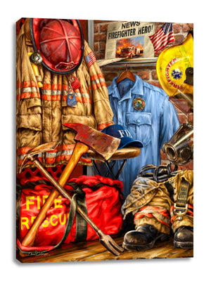 The scene depicts everything a firefighter would need for their work, from their protective gear to their trusty axe and crowbar.  The centerpiece of this breathtaking artwork is the firefighter's shirt, proudly displayed as a symbol of their dedication and commitment to saving lives. Surrounding it, you'll find all the essential tools of the trade, including the iconic fireman's hat, boots, and mask.