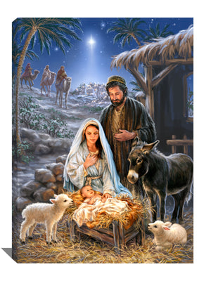 Celebrate the miracle of Christmas with our stunning canvas wall art featuring Mary, Joseph, and farm animals gathered around the precious newborn Jesus. This beautiful artwork captures the true essence of the holiday season and serves as a timeless reminder of the greatest gift of all - the Savior's birth.