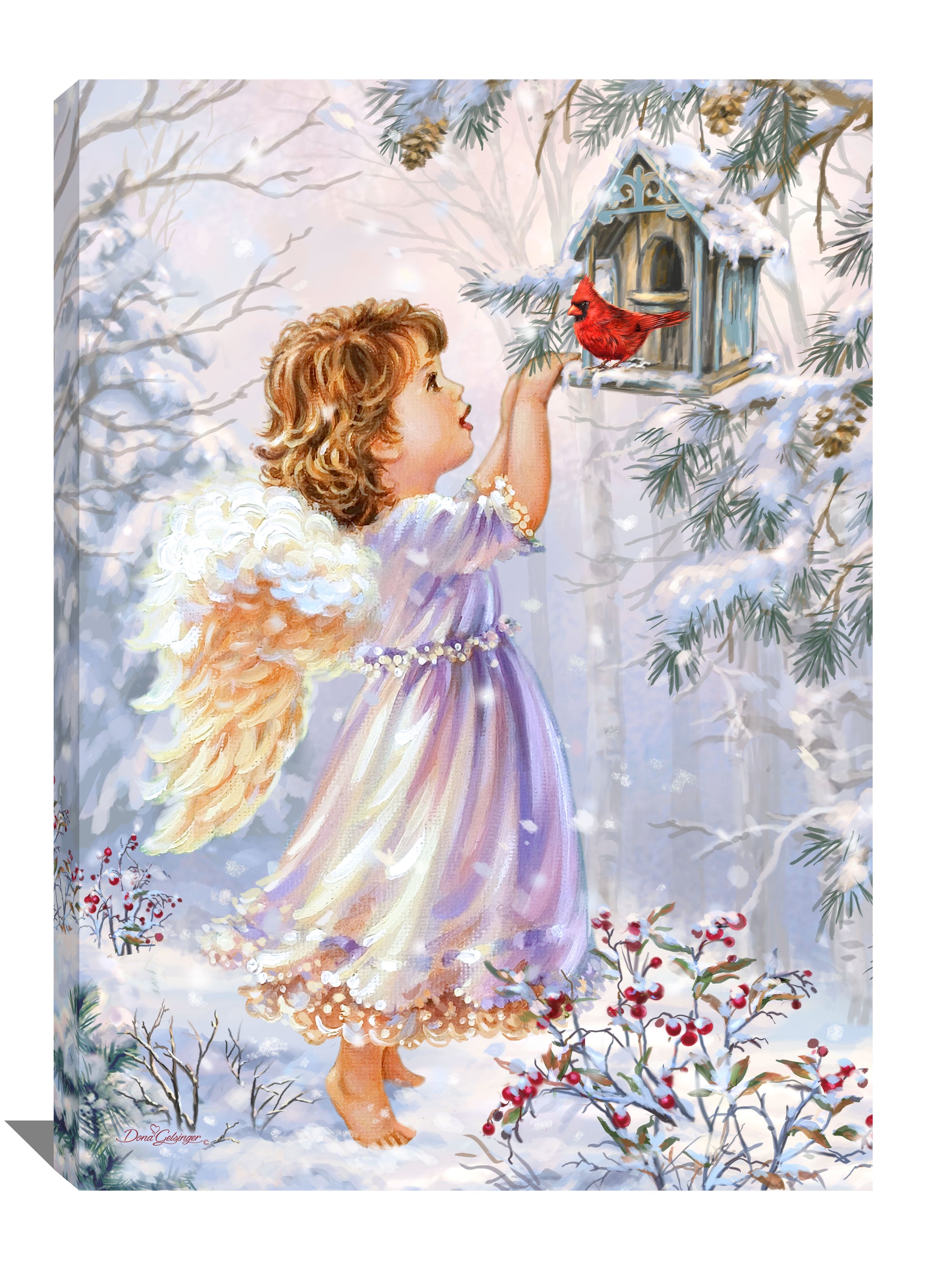 a young angel with delicate white wings standing on her tiptoes, gazing in awe at a charming birdhouse adorned with a stunning cardinal perched on it. The serene winter wonderland scene is beautifully captured with the snow-covered forest that surrounds them.