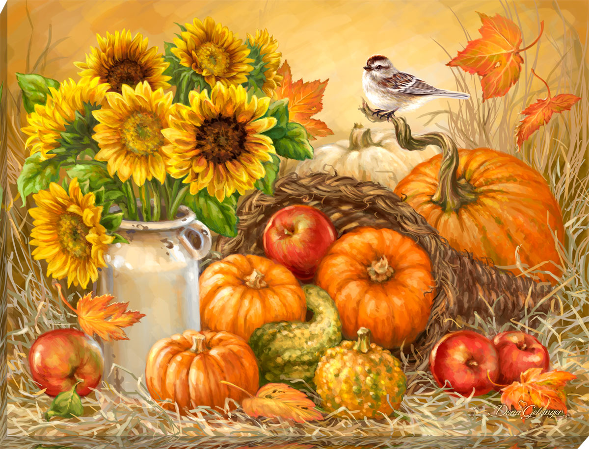 Bountiful Harvest Canvas Wall Art. Pumpkins and other fall themed things on a canvas.