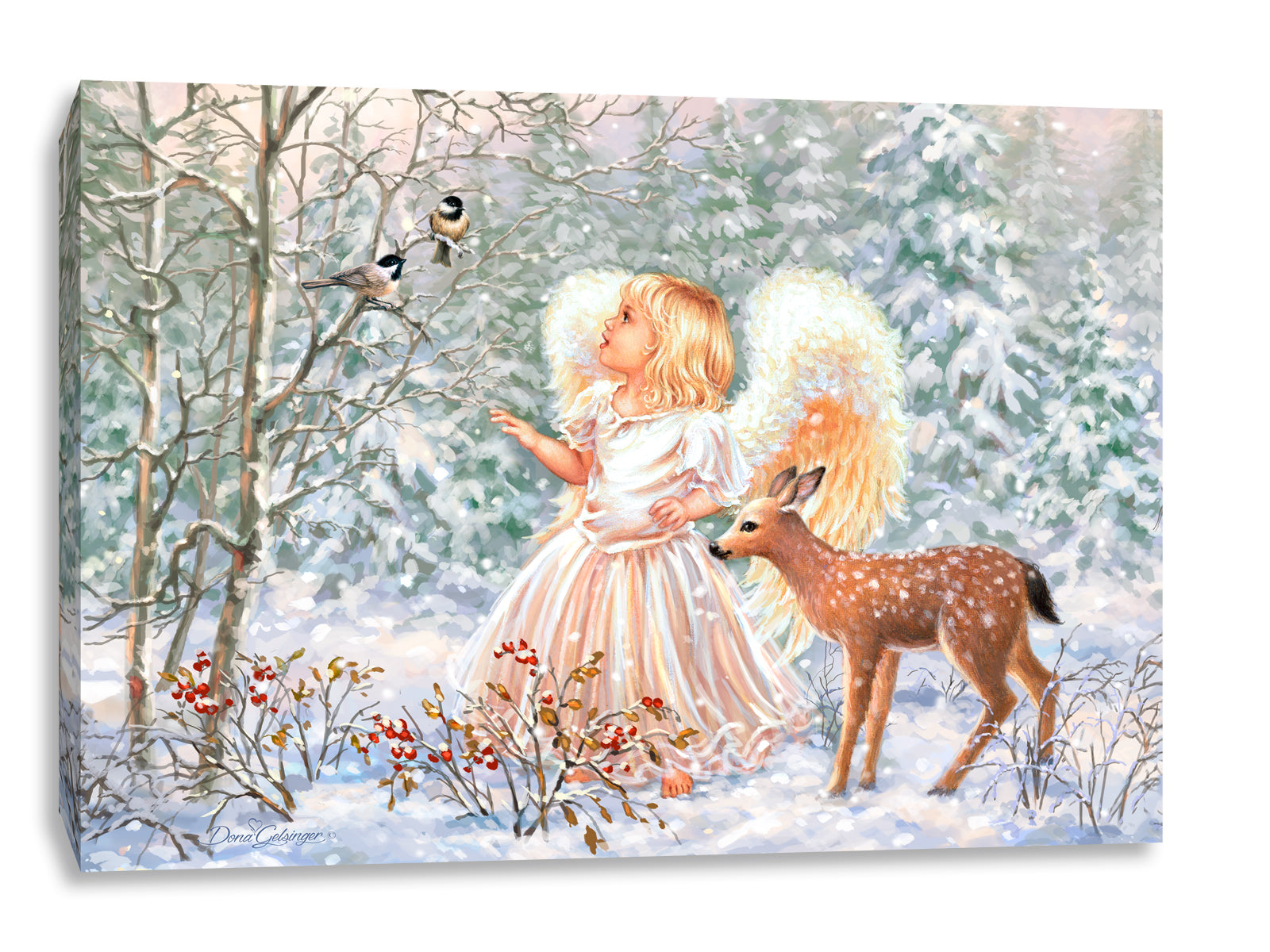 This stunning piece captures the essence of winter wonderland with a beautiful young angel standing in a snow-covered forest. With a fawn nearby and birds perched in the trees, the angel is lost in wonder and awe of the natural beauty around her.