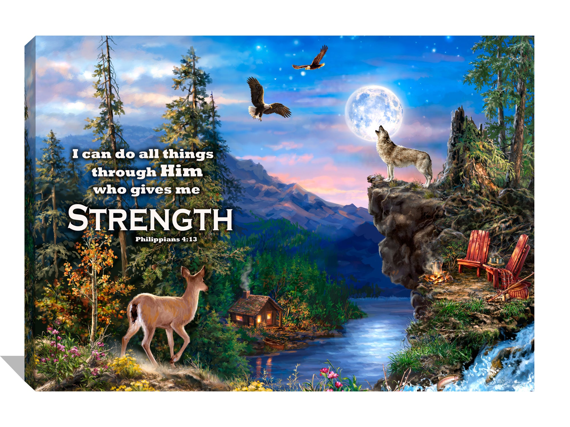 This stunning piece of art captures the essence of nature's beauty with its picturesque forest scene featuring a wolf, deer, owl, and bald eagles. The moon casts a gentle glow over the tranquil lake and cozy cabin, creating a sense of peace and serenity.  But this canvas wall art is more than just a breathtaking image of the great outdoors.